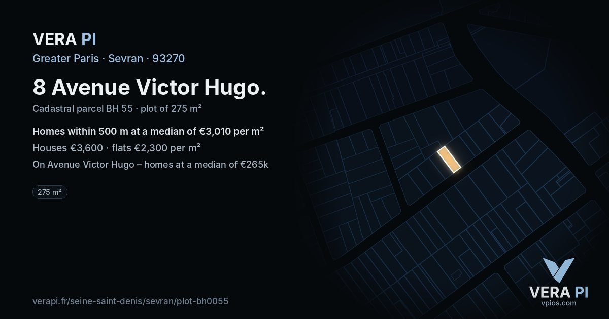 8 Avenue Victor Hugo, Sevran at night – the plot lit, the parcels around coloured by the prices near them