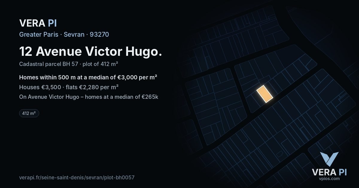 12 Avenue Victor Hugo, Sevran at night – the plot lit, the parcels around coloured by the prices near them