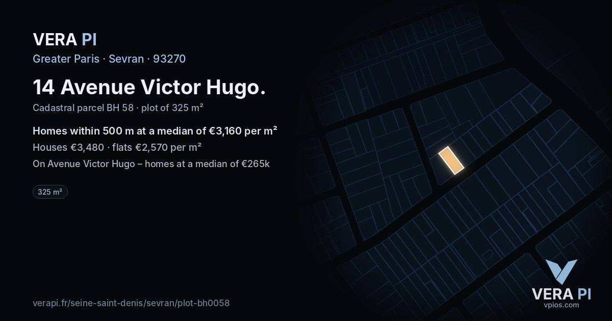14 Avenue Victor Hugo, Sevran at night – the plot lit, the parcels around coloured by the prices near them