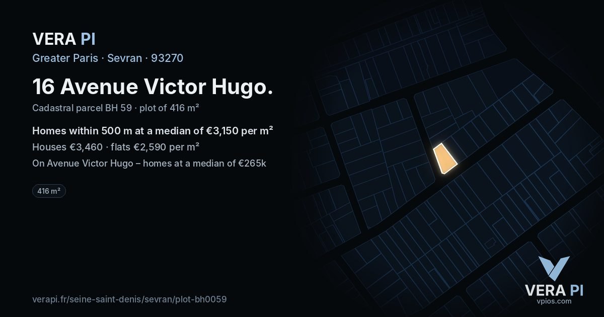 16 Avenue Victor Hugo, Sevran at night – the plot lit, the parcels around coloured by the prices near them
