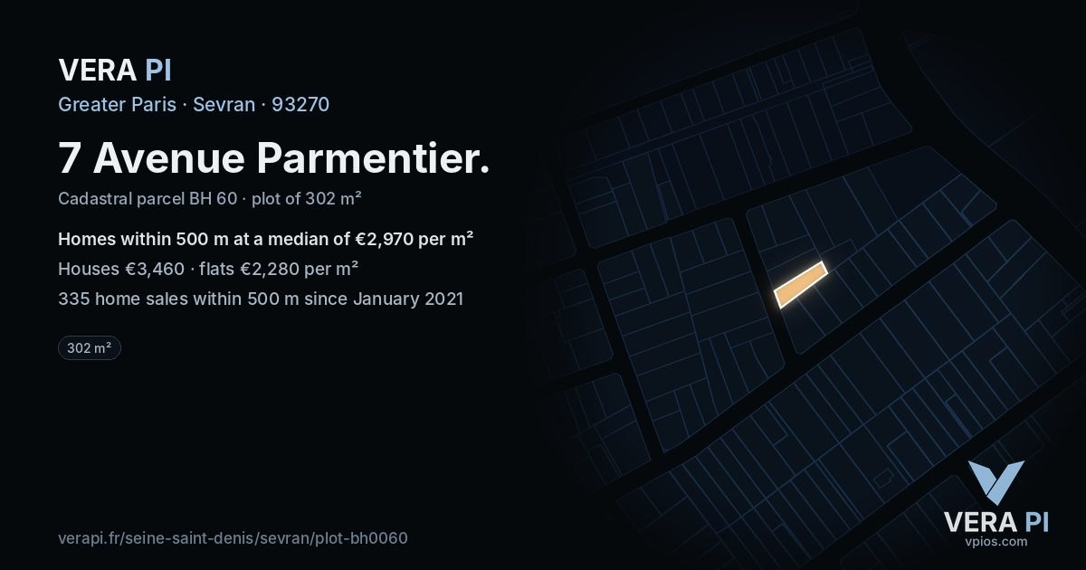 7 Avenue Parmentier, Sevran at night – the plot lit, the parcels around coloured by the prices near them