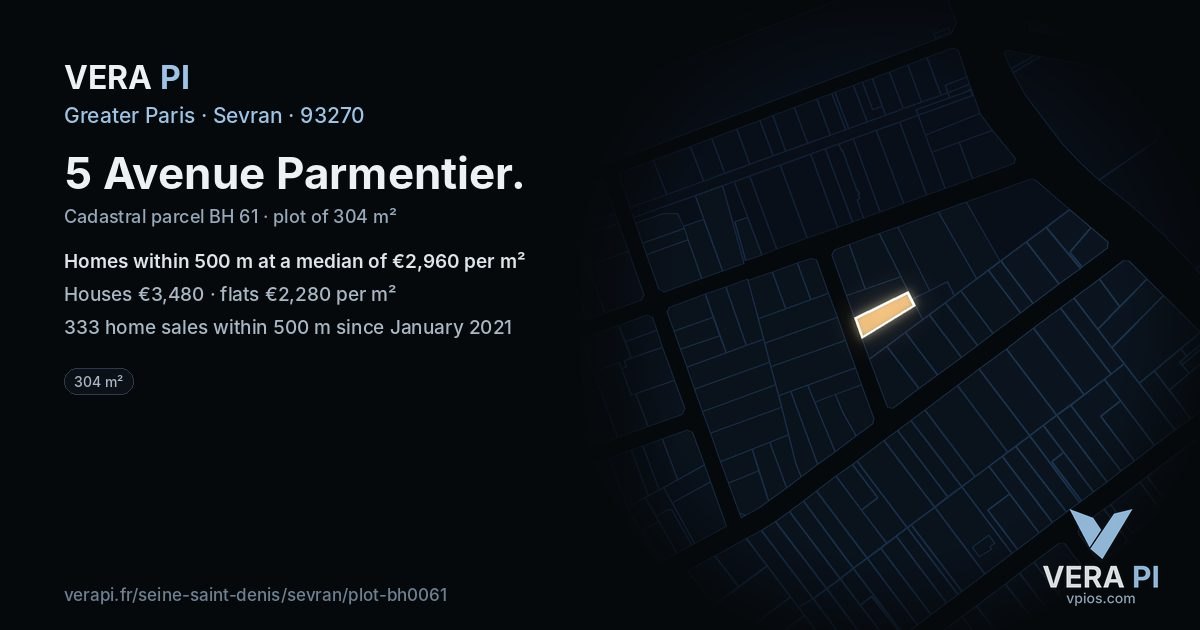 5 Avenue Parmentier, Sevran at night – the plot lit, the parcels around coloured by the prices near them