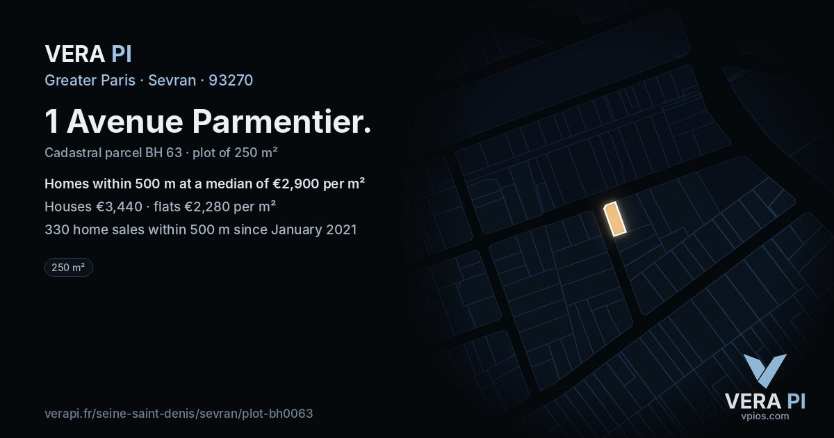 1 Avenue Parmentier, Sevran at night – the plot lit, the parcels around coloured by the prices near them