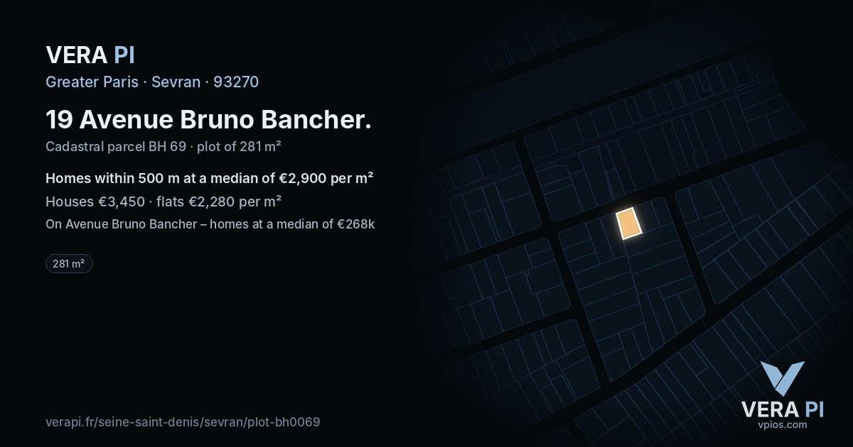 19 Avenue Bruno Bancher, Sevran at night – the plot lit, the parcels around coloured by the prices near them