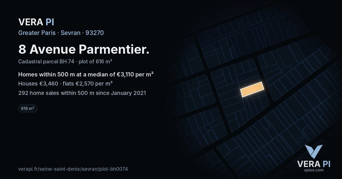8 Avenue Parmentier, Sevran at night – the plot lit, the parcels around coloured by the prices near them