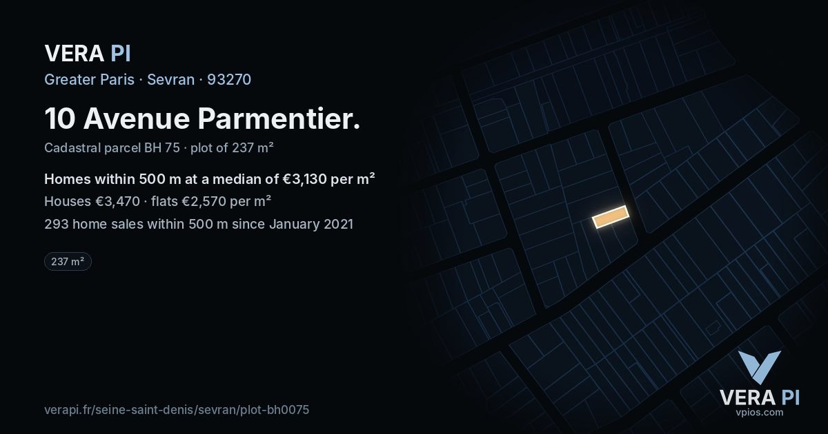 10 Avenue Parmentier, Sevran at night – the plot lit, the parcels around coloured by the prices near them