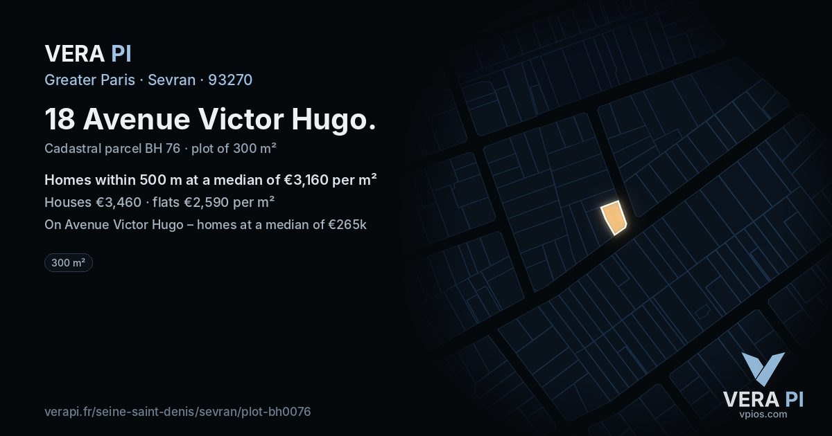 18 Avenue Victor Hugo, Sevran at night – the plot lit, the parcels around coloured by the prices near them