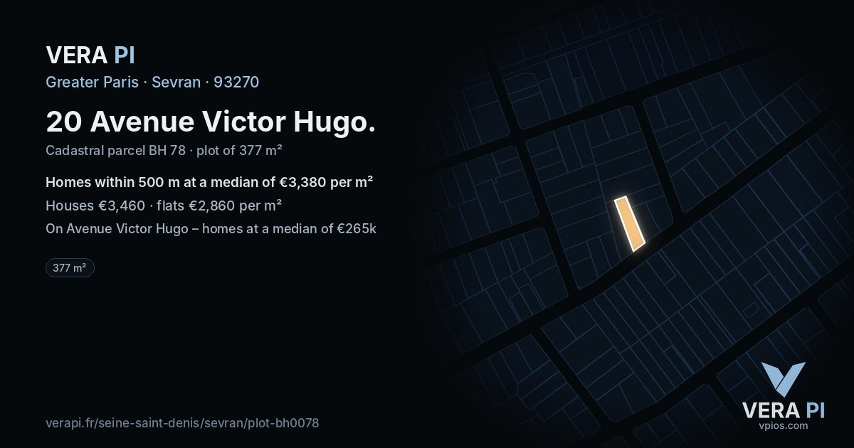 20 Avenue Victor Hugo, Sevran at night – the plot lit, the parcels around coloured by the prices near them