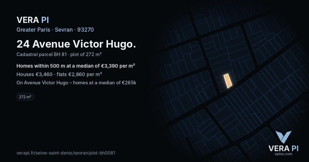 24 Avenue Victor Hugo, Sevran at night – the plot lit, the parcels around coloured by the prices near them