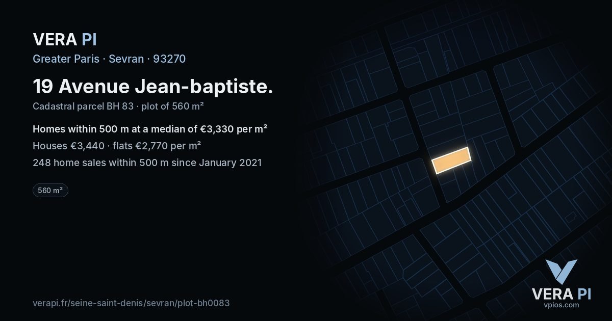 19 Avenue Jean-baptiste, Sevran at night – the plot lit, the parcels around coloured by the prices near them