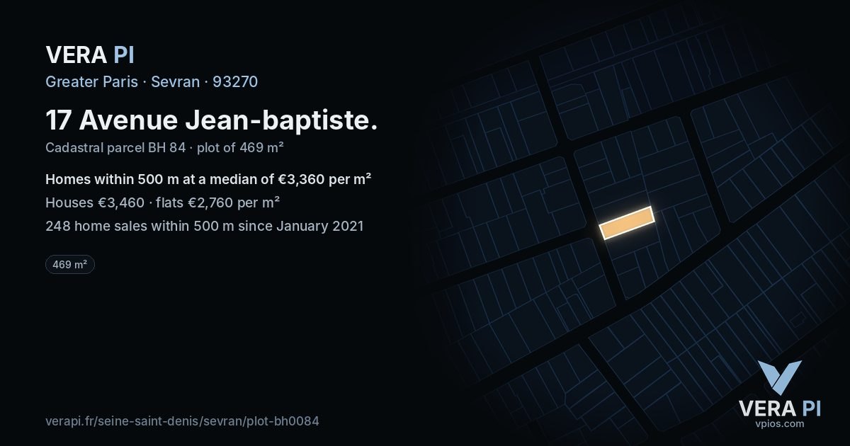 17 Avenue Jean-baptiste, Sevran at night – the plot lit, the parcels around coloured by the prices near them