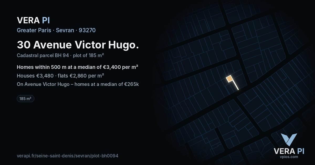 30 Avenue Victor Hugo, Sevran at night – the plot lit, the parcels around coloured by the prices near them