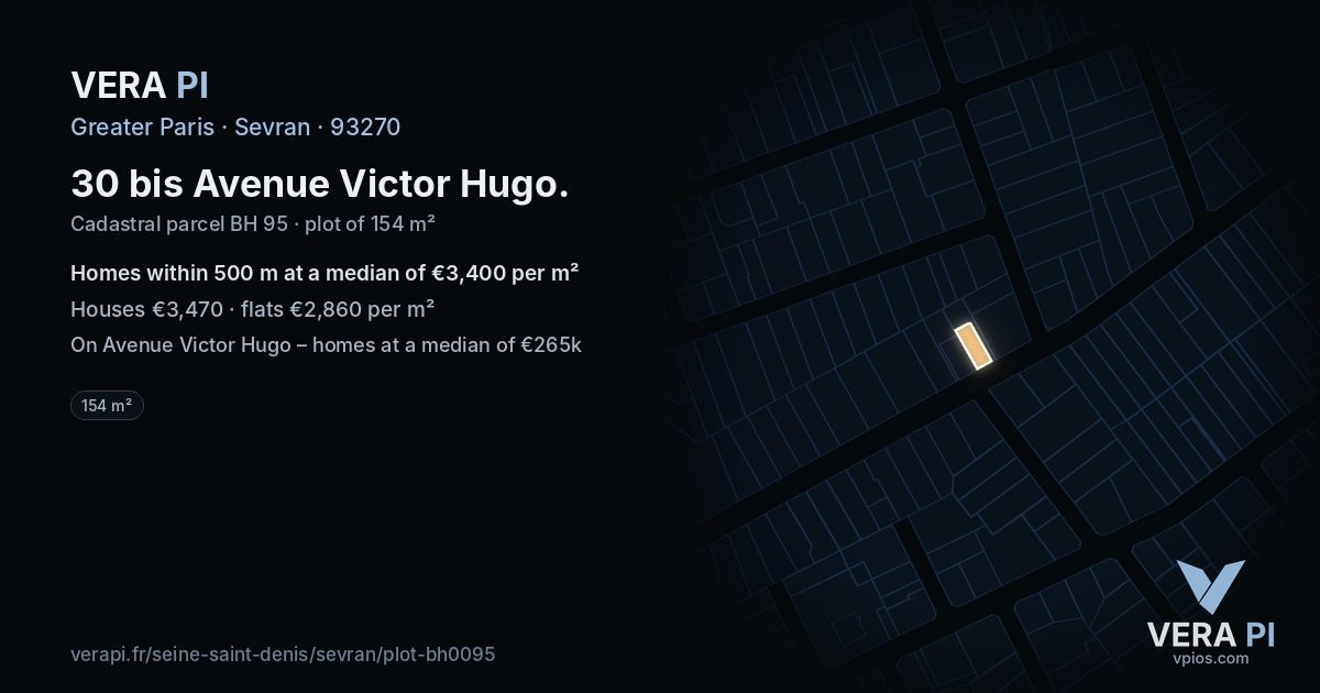 30 bis Avenue Victor Hugo, Sevran at night – the plot lit, the parcels around coloured by the prices near them