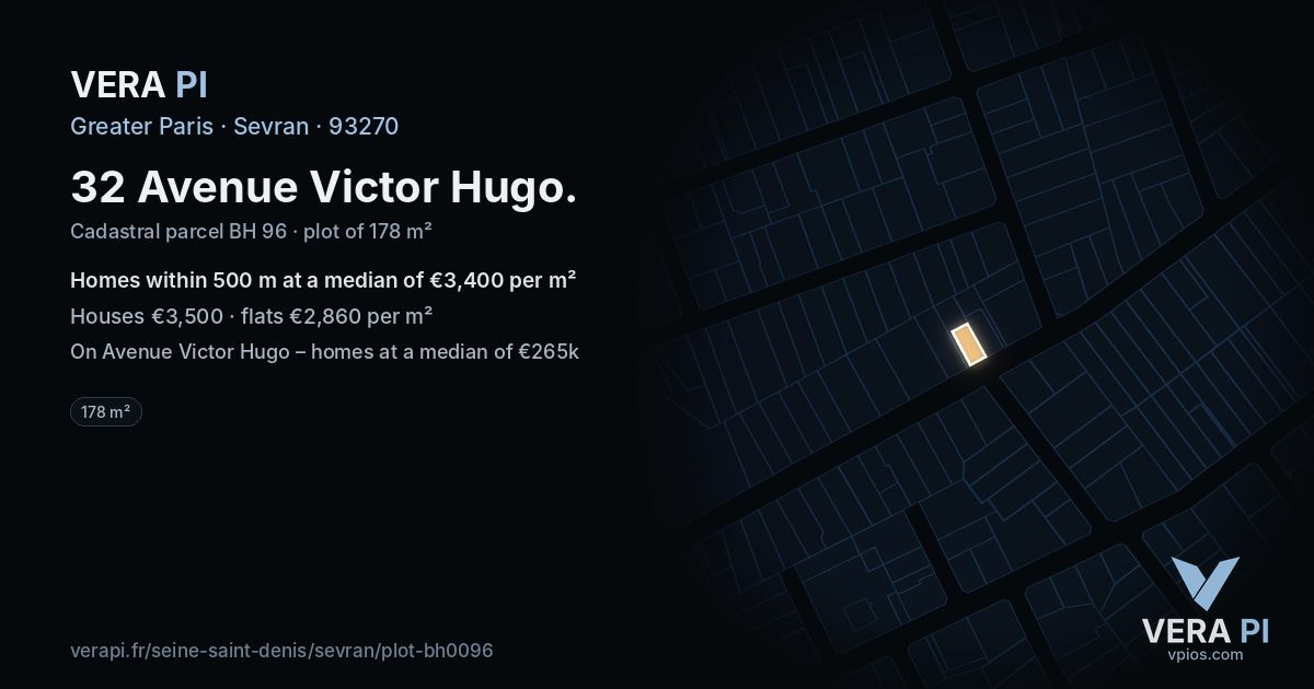 32 Avenue Victor Hugo, Sevran at night – the plot lit, the parcels around coloured by the prices near them