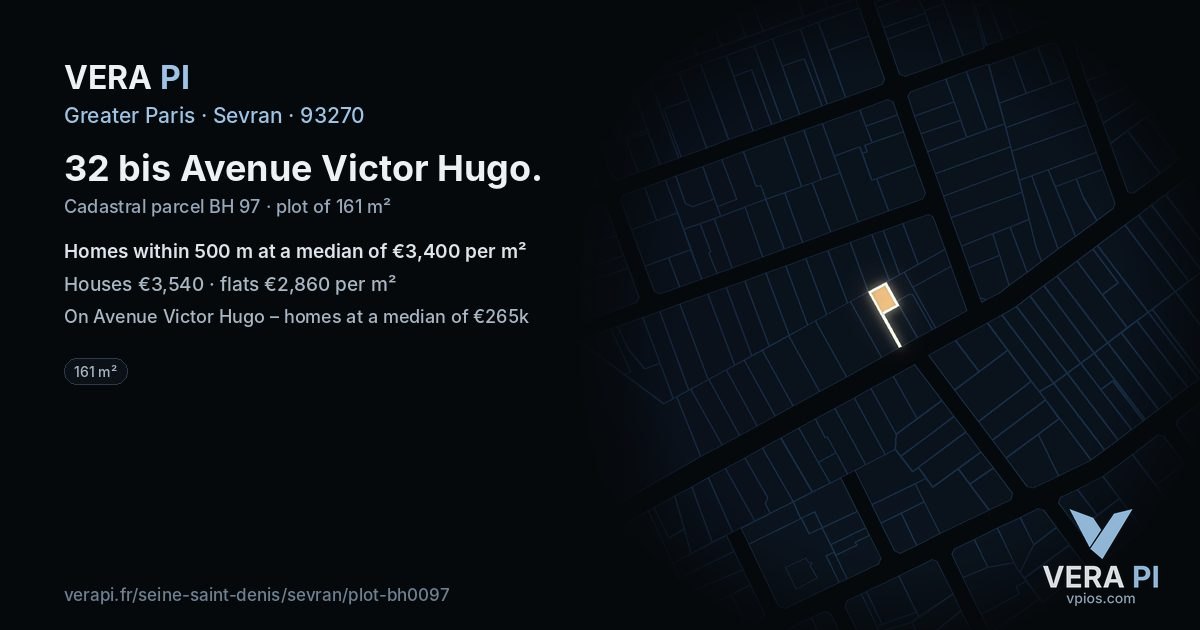 32 bis Avenue Victor Hugo, Sevran at night – the plot lit, the parcels around coloured by the prices near them