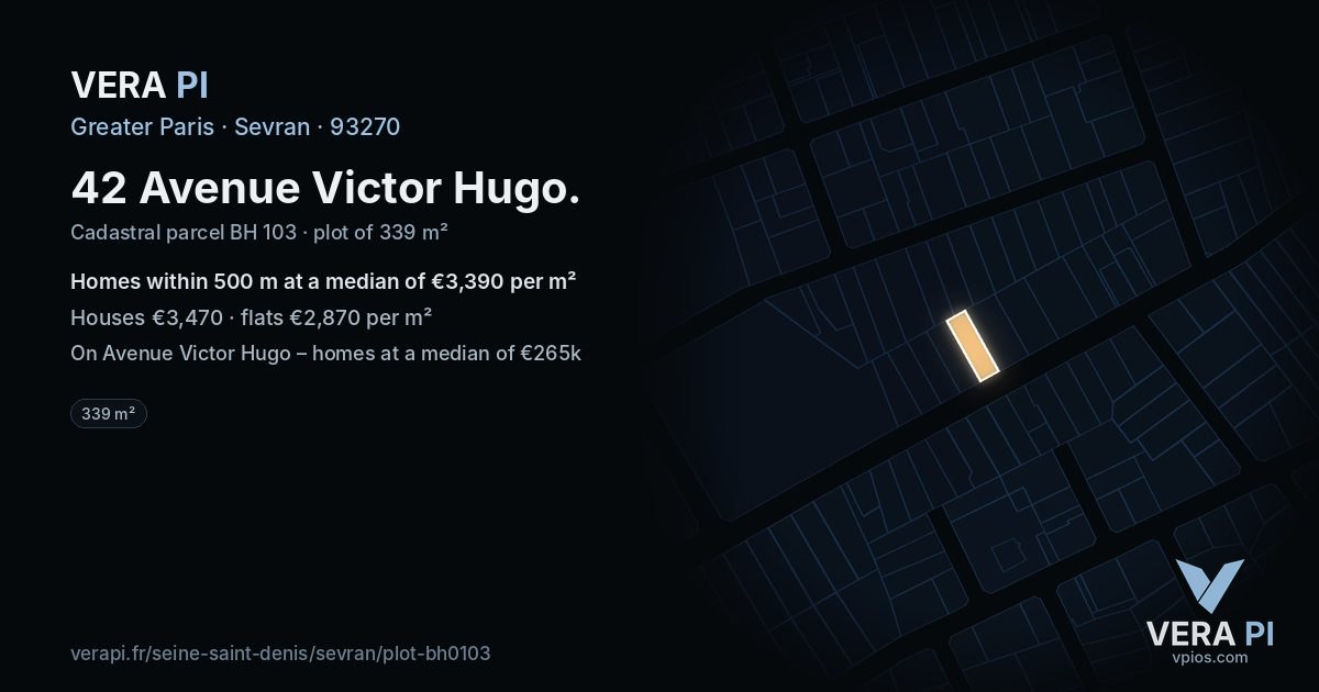 42 Avenue Victor Hugo, Sevran at night – the plot lit, the parcels around coloured by the prices near them