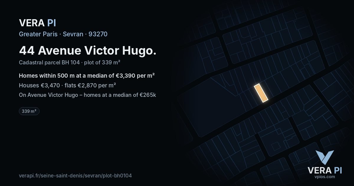 44 Avenue Victor Hugo, Sevran at night – the plot lit, the parcels around coloured by the prices near them