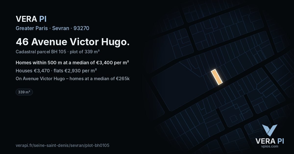 46 Avenue Victor Hugo, Sevran at night – the plot lit, the parcels around coloured by the prices near them