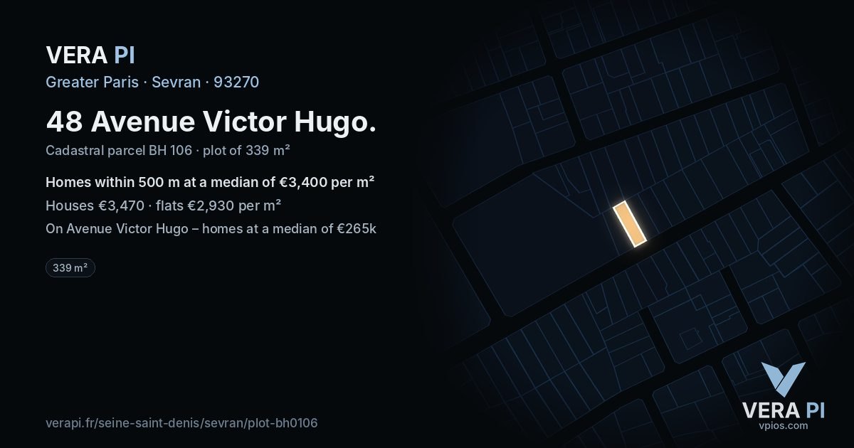 48 Avenue Victor Hugo, Sevran at night – the plot lit, the parcels around coloured by the prices near them