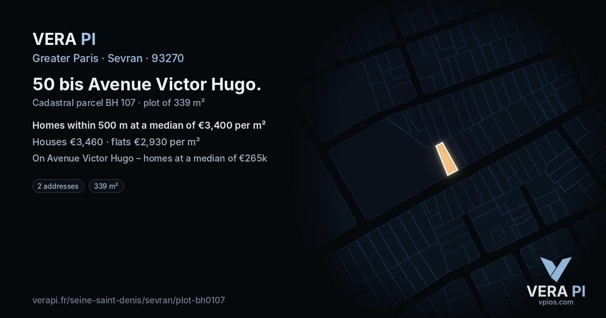 50 bis Avenue Victor Hugo, Sevran at night – the plot lit, the parcels around coloured by the prices near them
