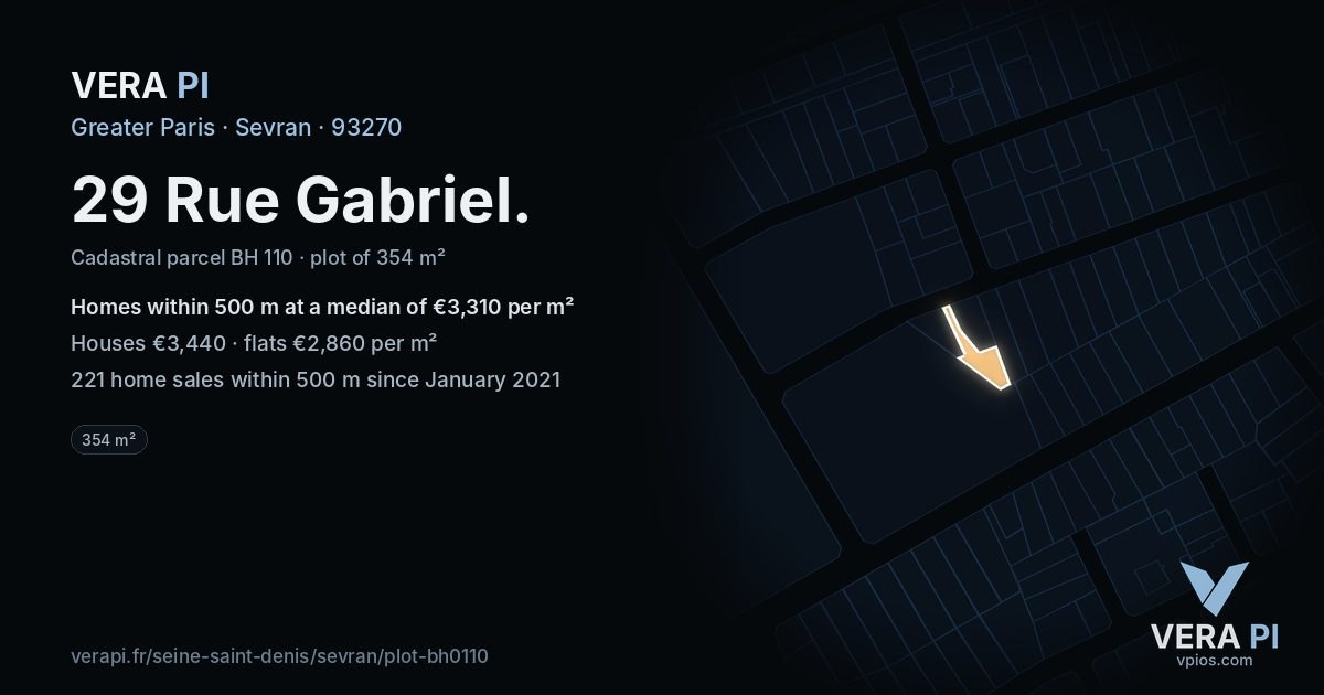 29 Rue Gabriel, Sevran at night – the plot lit, the parcels around coloured by the prices near them