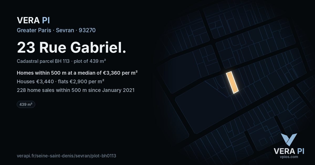 23 Rue Gabriel, Sevran at night – the plot lit, the parcels around coloured by the prices near them