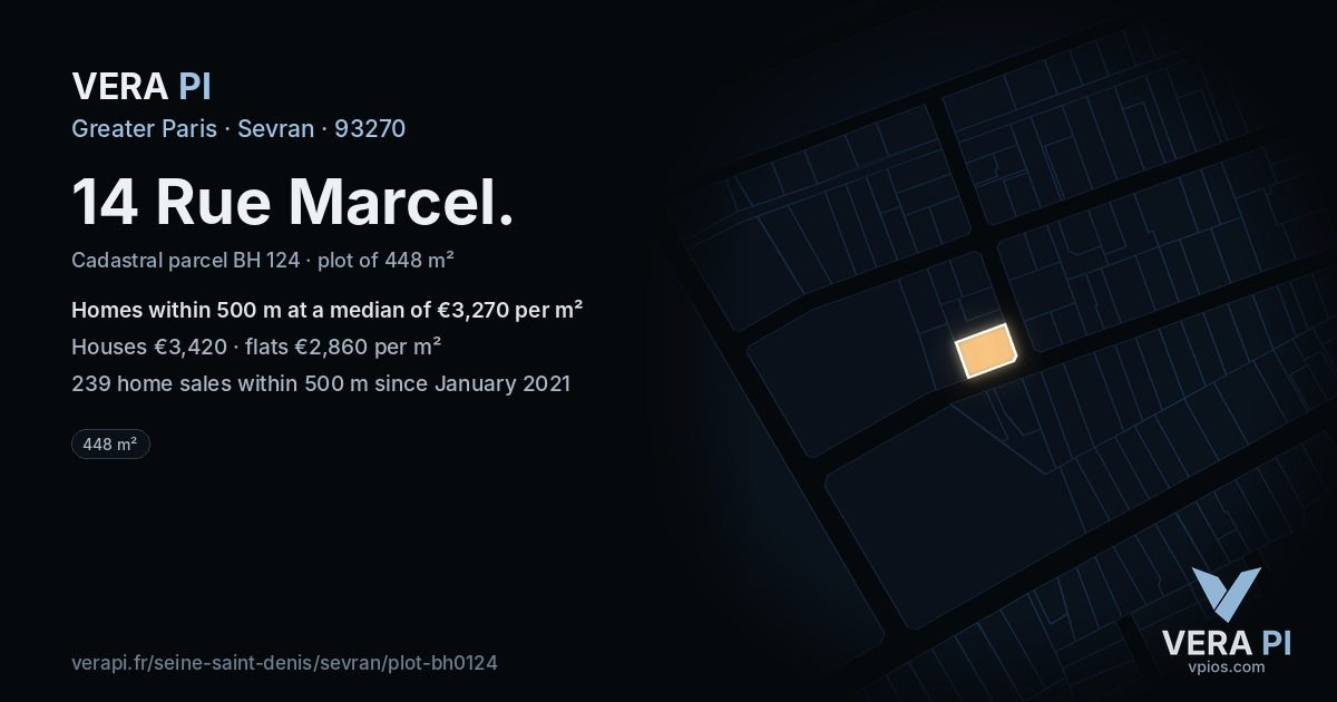 14 Rue Marcel, Sevran at night – the plot lit, the parcels around coloured by the prices near them