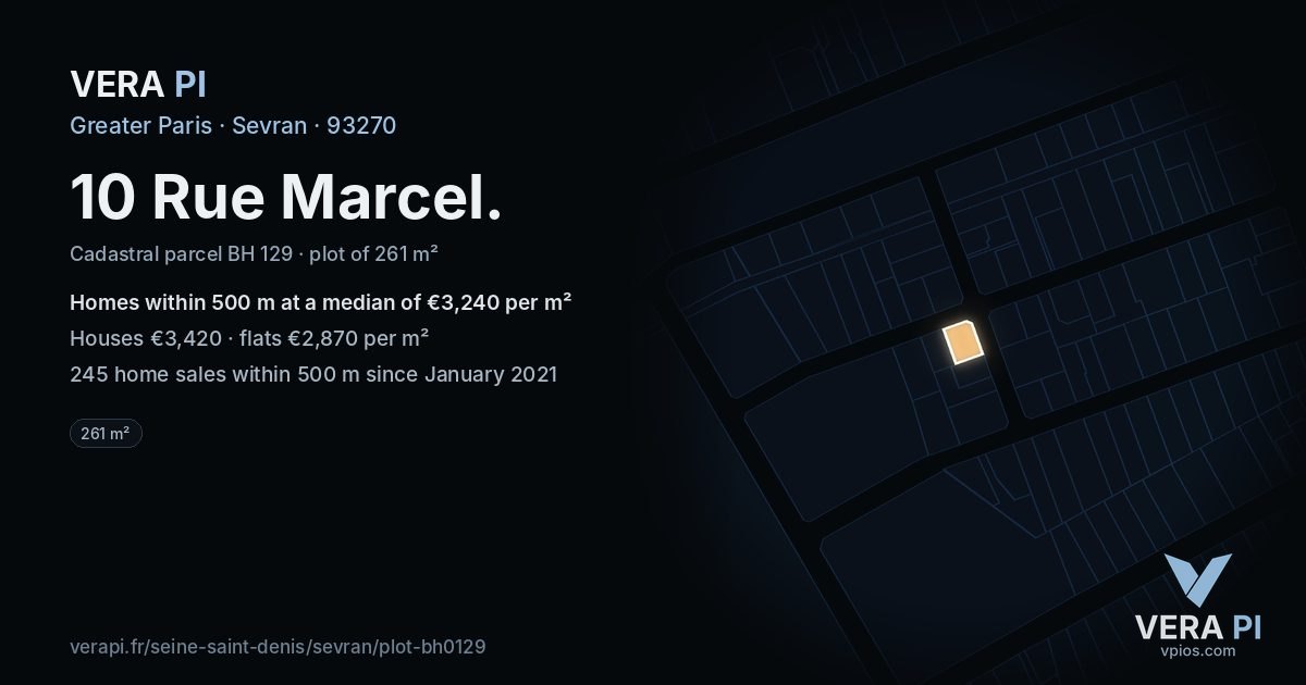 10 Rue Marcel, Sevran at night – the plot lit, the parcels around coloured by the prices near them