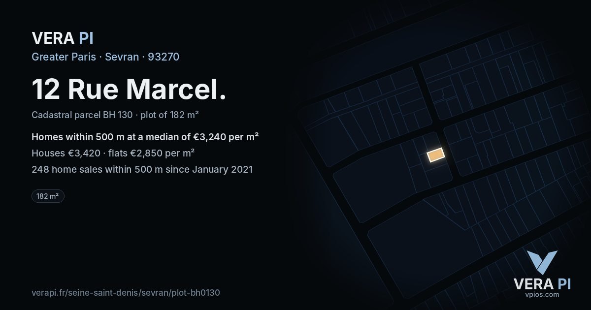 12 Rue Marcel, Sevran at night – the plot lit, the parcels around coloured by the prices near them