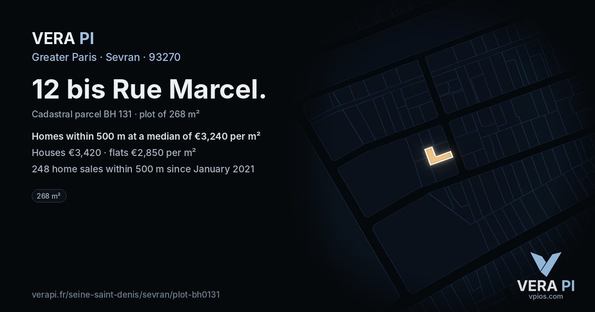 12 bis Rue Marcel, Sevran at night – the plot lit, the parcels around coloured by the prices near them