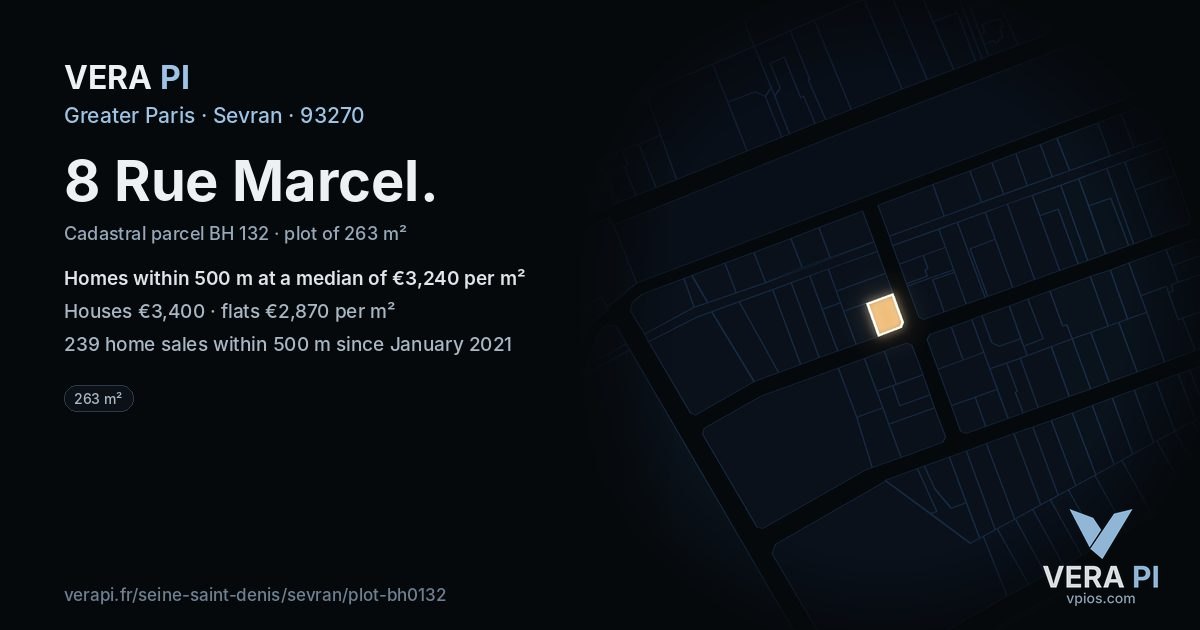 8 Rue Marcel, Sevran at night – the plot lit, the parcels around coloured by the prices near them