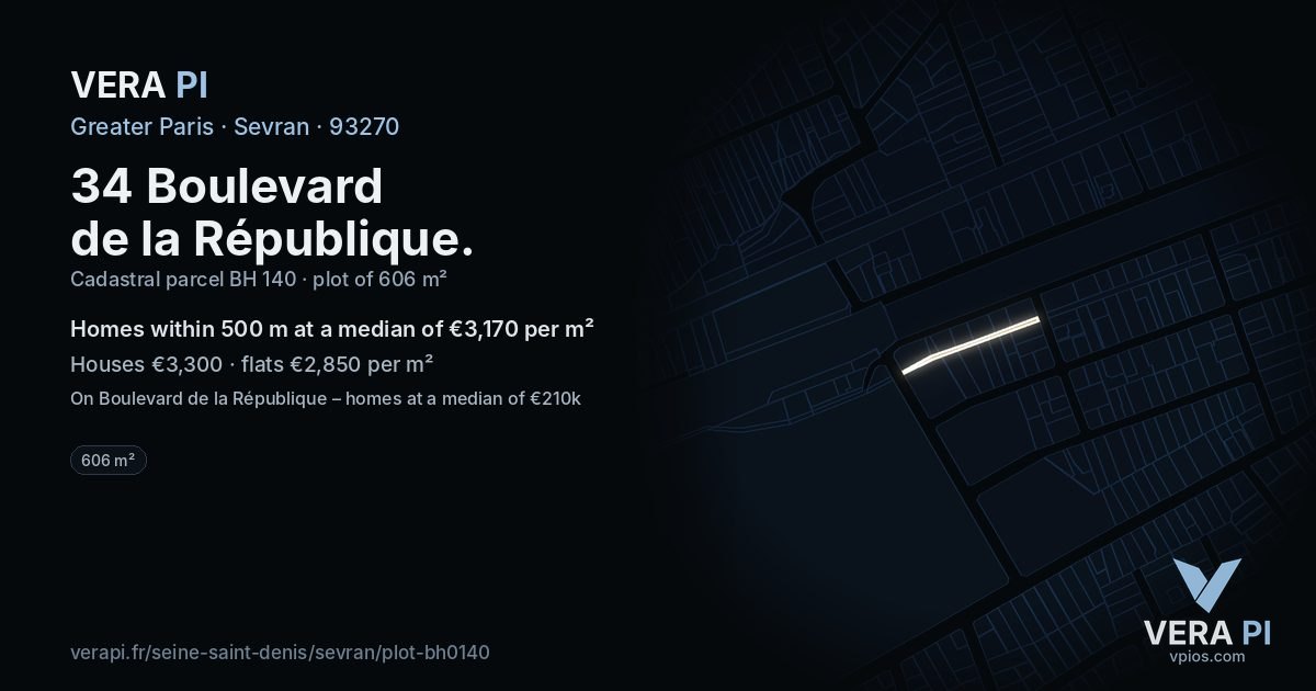 34 Boulevard de la République, Sevran at night – the plot lit, the parcels around coloured by the prices near them