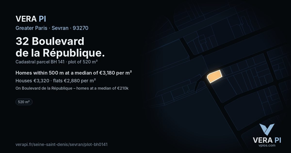 32 Boulevard de la République, Sevran at night – the plot lit, the parcels around coloured by the prices near them