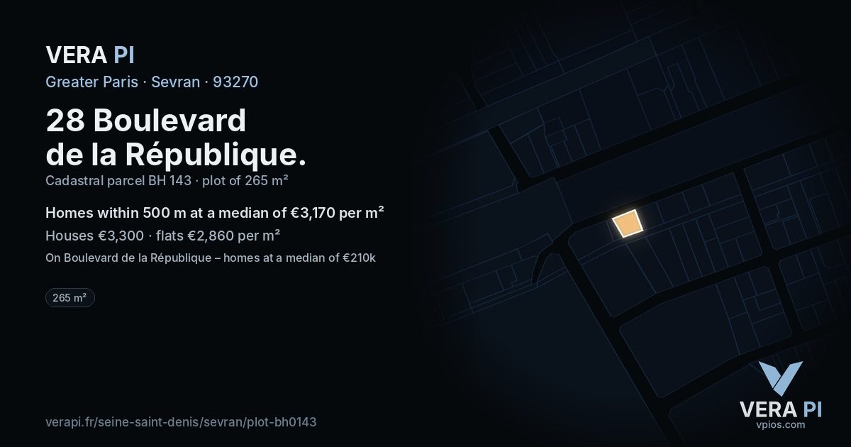 28 Boulevard de la République, Sevran at night – the plot lit, the parcels around coloured by the prices near them