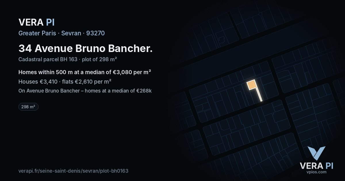 34 Avenue Bruno Bancher, Sevran at night – the plot lit, the parcels around coloured by the prices near them