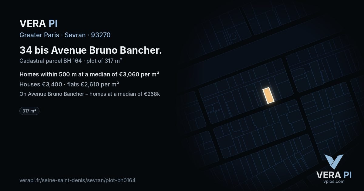 34 bis Avenue Bruno Bancher, Sevran at night – the plot lit, the parcels around coloured by the prices near them