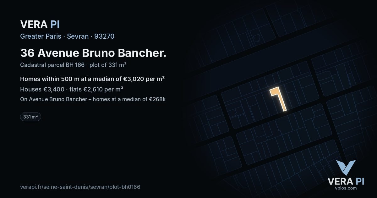 36 Avenue Bruno Bancher, Sevran at night – the plot lit, the parcels around coloured by the prices near them
