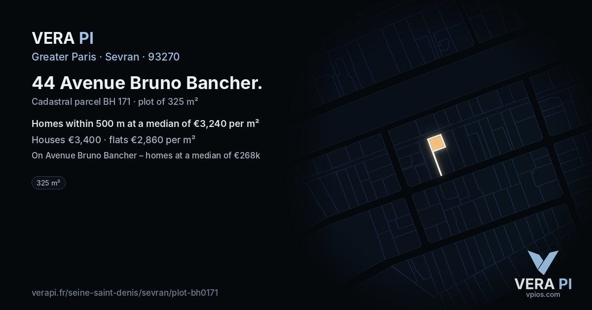 44 Avenue Bruno Bancher, Sevran at night – the plot lit, the parcels around coloured by the prices near them