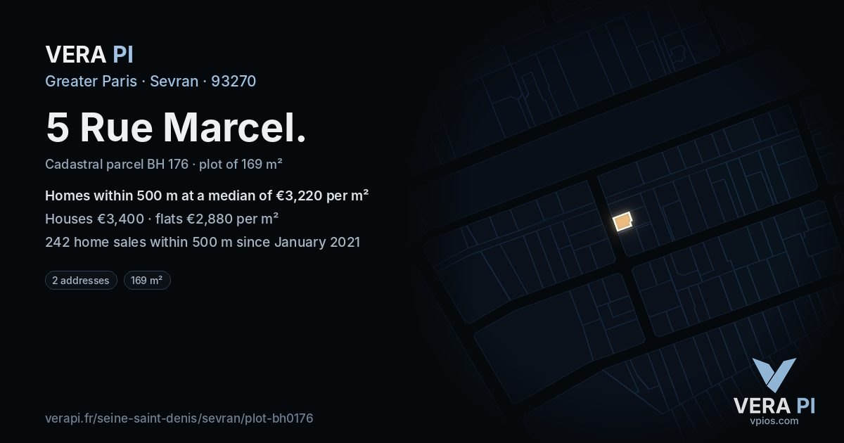 5 Rue Marcel, Sevran at night – the plot lit, the parcels around coloured by the prices near them