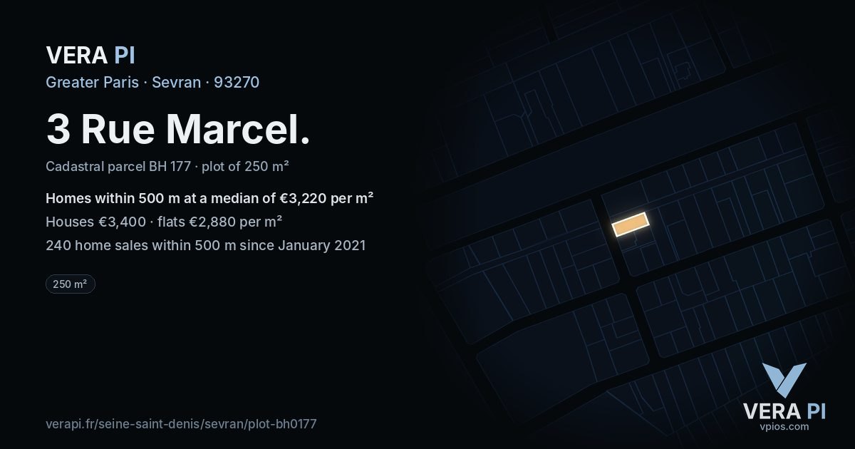 3 Rue Marcel, Sevran at night – the plot lit, the parcels around coloured by the prices near them