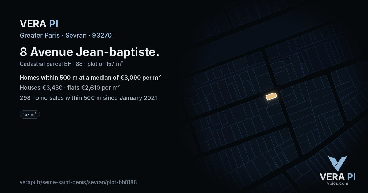 8 Avenue Jean-baptiste, Sevran at night – the plot lit, the parcels around coloured by the prices near them