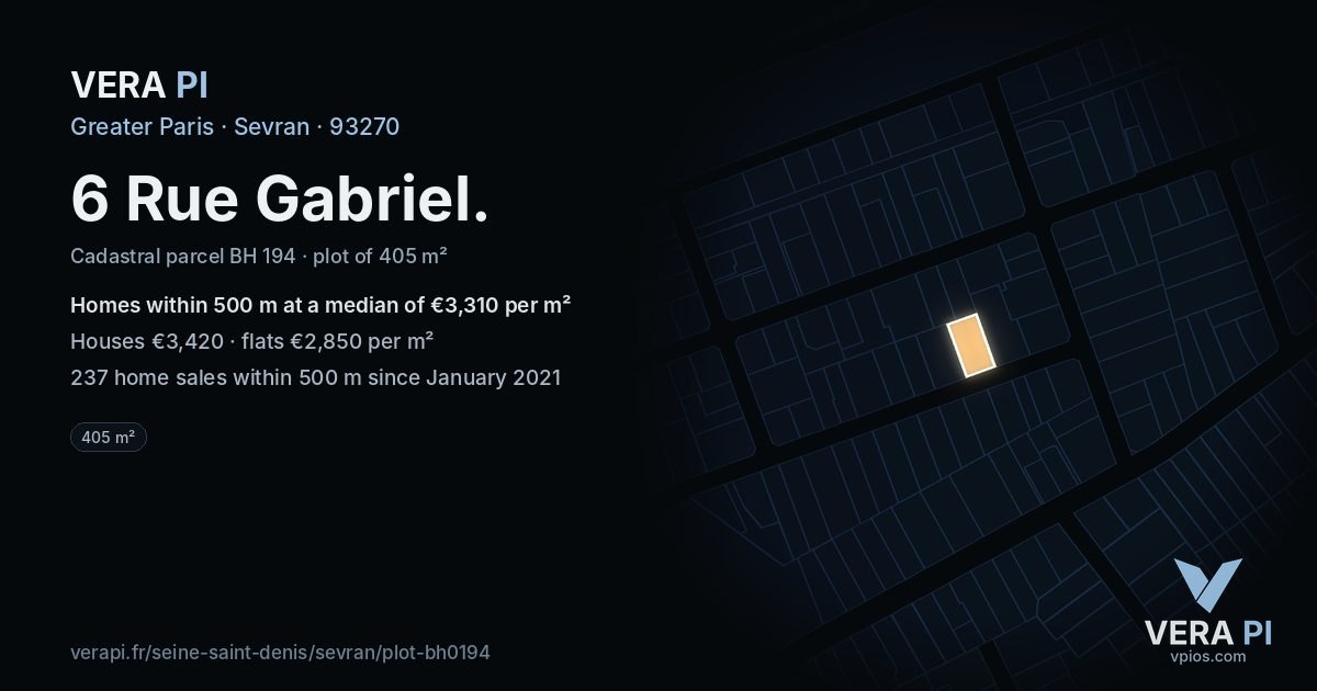 6 Rue Gabriel, Sevran at night – the plot lit, the parcels around coloured by the prices near them