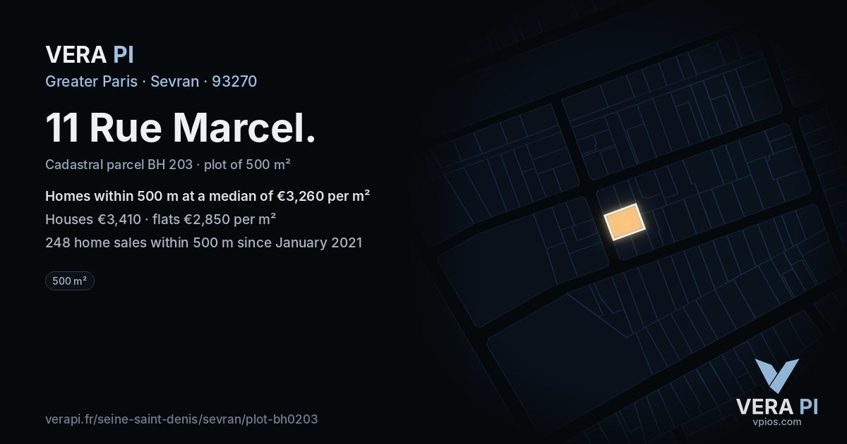 11 Rue Marcel, Sevran at night – the plot lit, the parcels around coloured by the prices near them