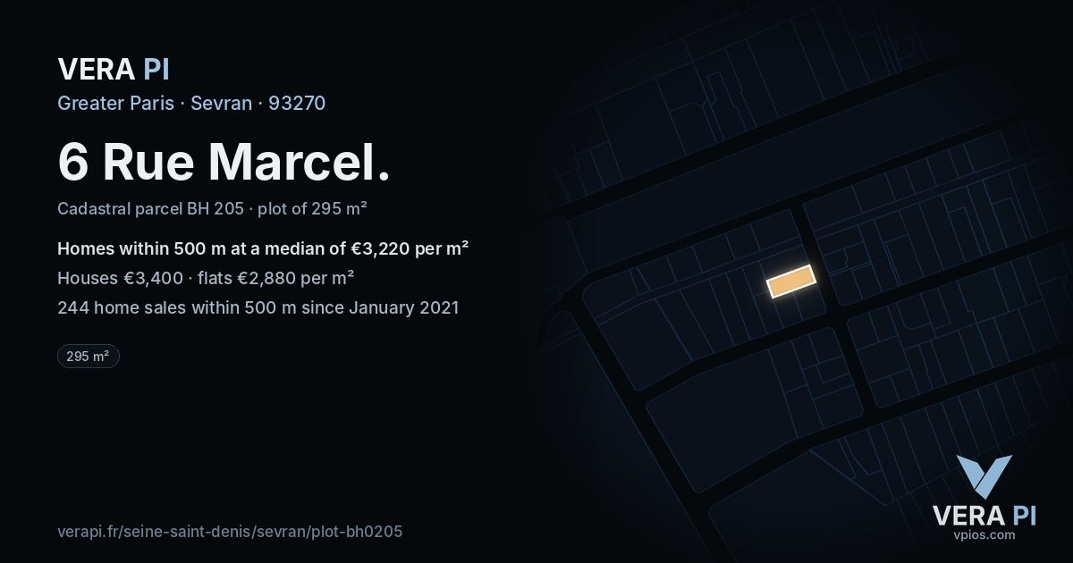 6 Rue Marcel, Sevran at night – the plot lit, the parcels around coloured by the prices near them