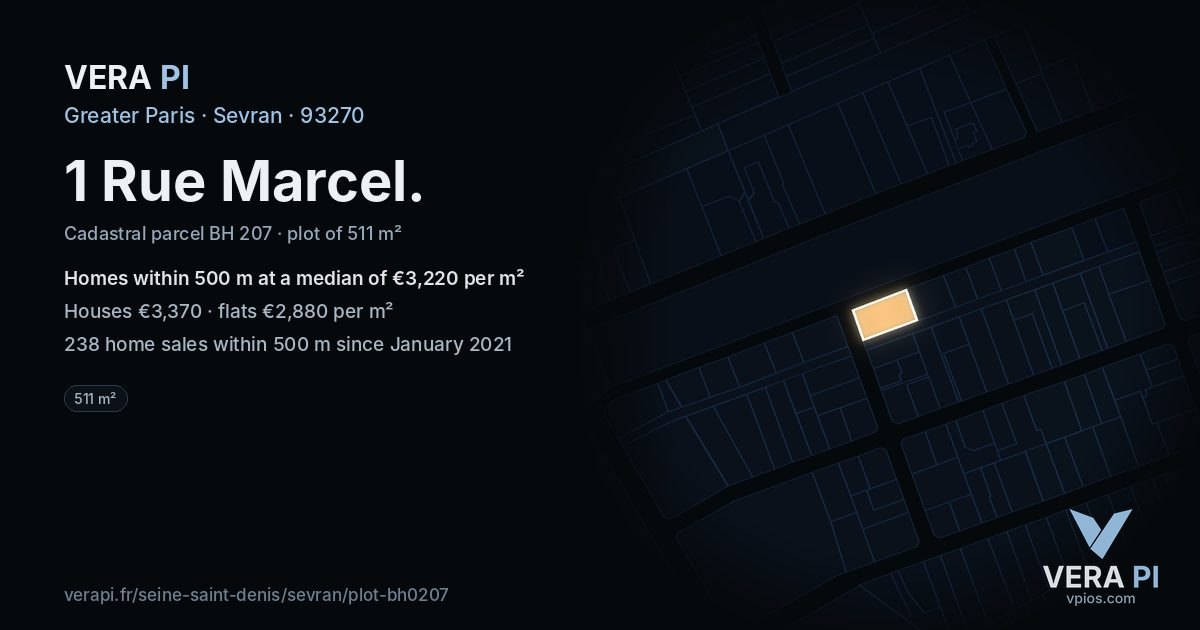 1 Rue Marcel, Sevran at night – the plot lit, the parcels around coloured by the prices near them
