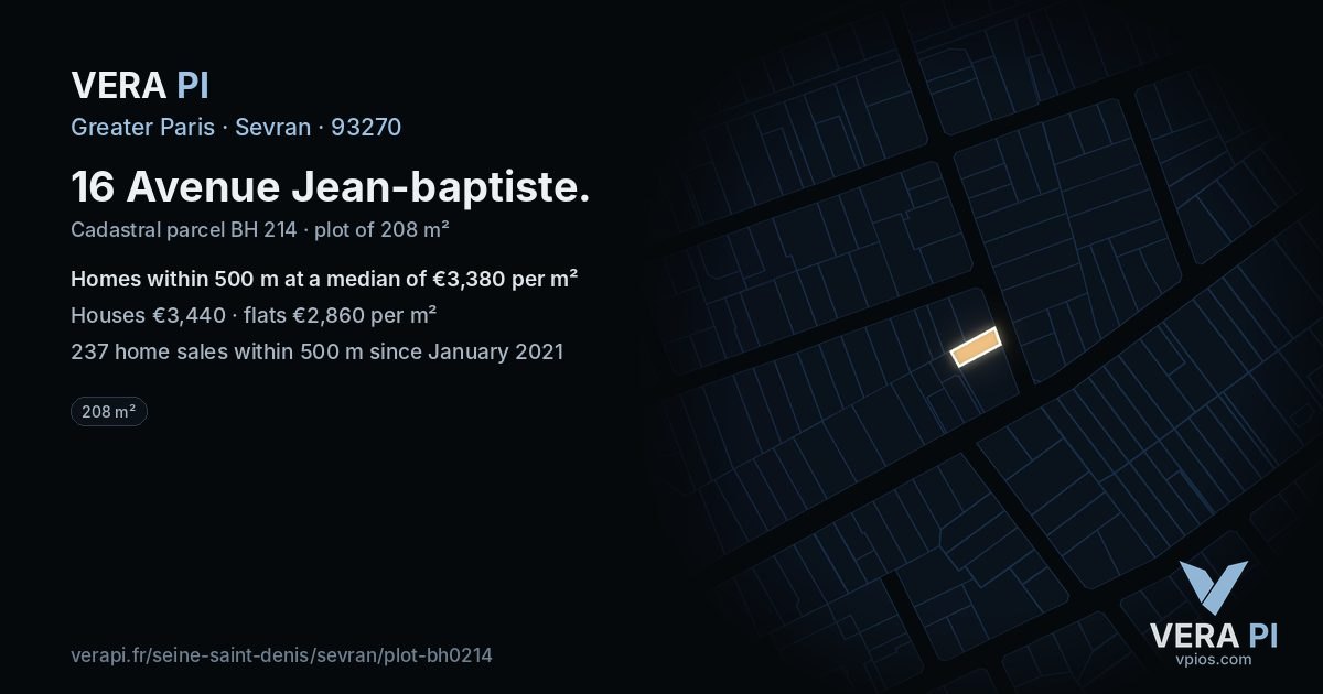 16 Avenue Jean-baptiste, Sevran at night – the plot lit, the parcels around coloured by the prices near them