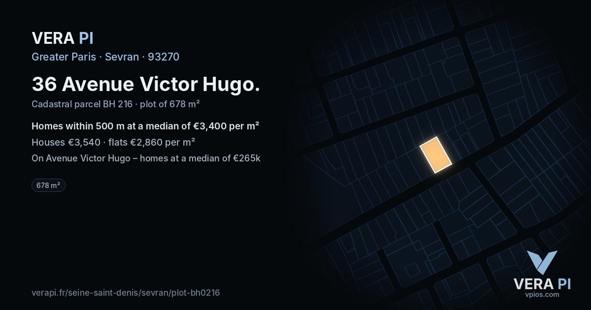 36 Avenue Victor Hugo, Sevran at night – the plot lit, the parcels around coloured by the prices near them