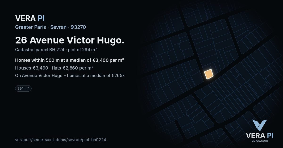 26 Avenue Victor Hugo, Sevran at night – the plot lit, the parcels around coloured by the prices near them