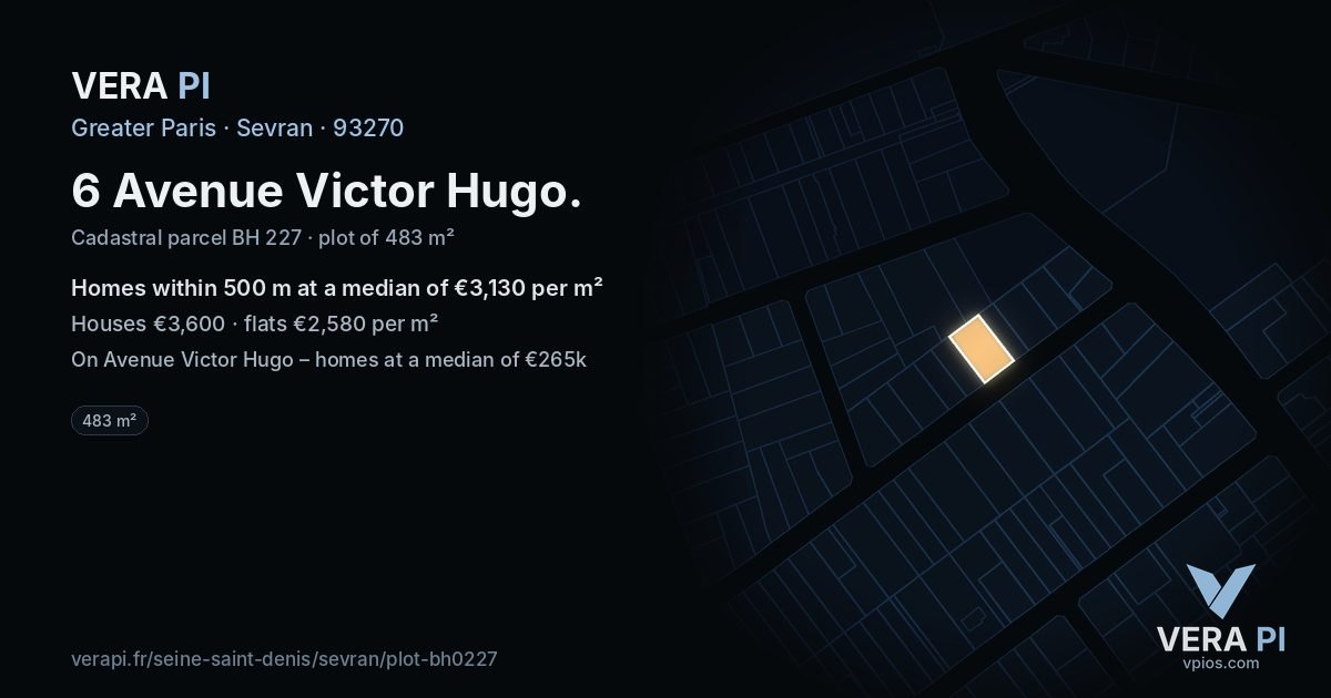 6 Avenue Victor Hugo, Sevran at night – the plot lit, the parcels around coloured by the prices near them