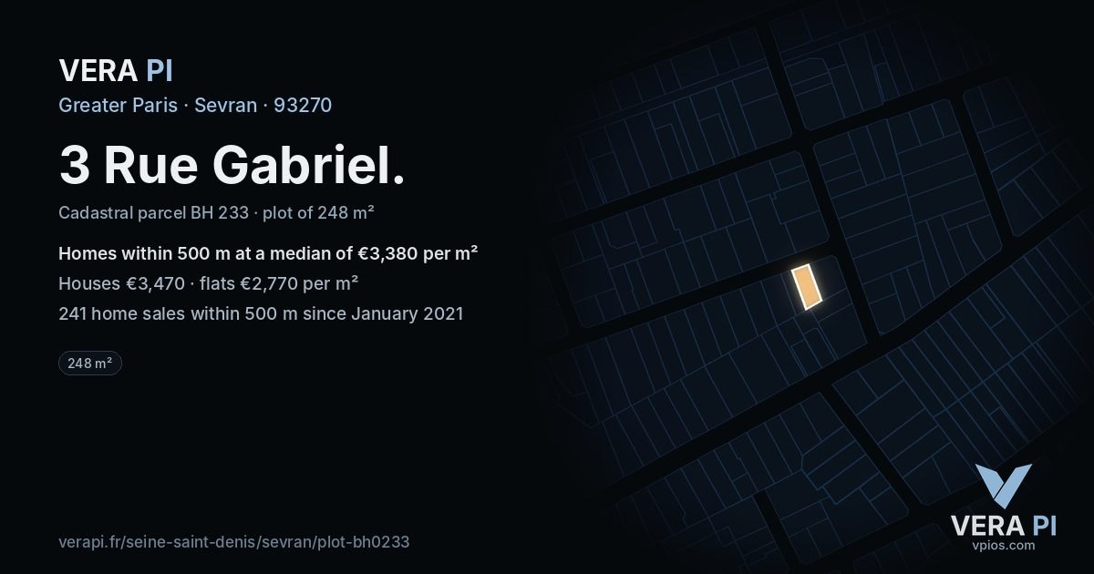 3 Rue Gabriel, Sevran at night – the plot lit, the parcels around coloured by the prices near them